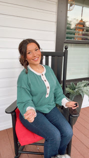 Green and Cream Ribbed Long Sleeve Sweater Top