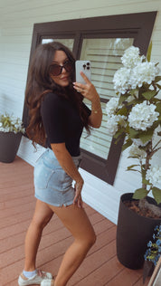 Mica Denim Candy Blue High Rise Rolled Hem Shorts