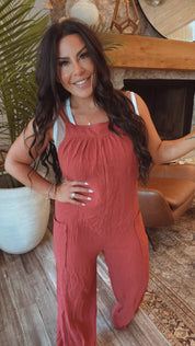 Chic Burgundy Textured Linen Overalls