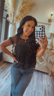 Black Lace Sassy Flutter Sleeve Top