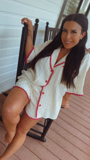 Cream And Pink Textured Button up Shirt and Shorts Set