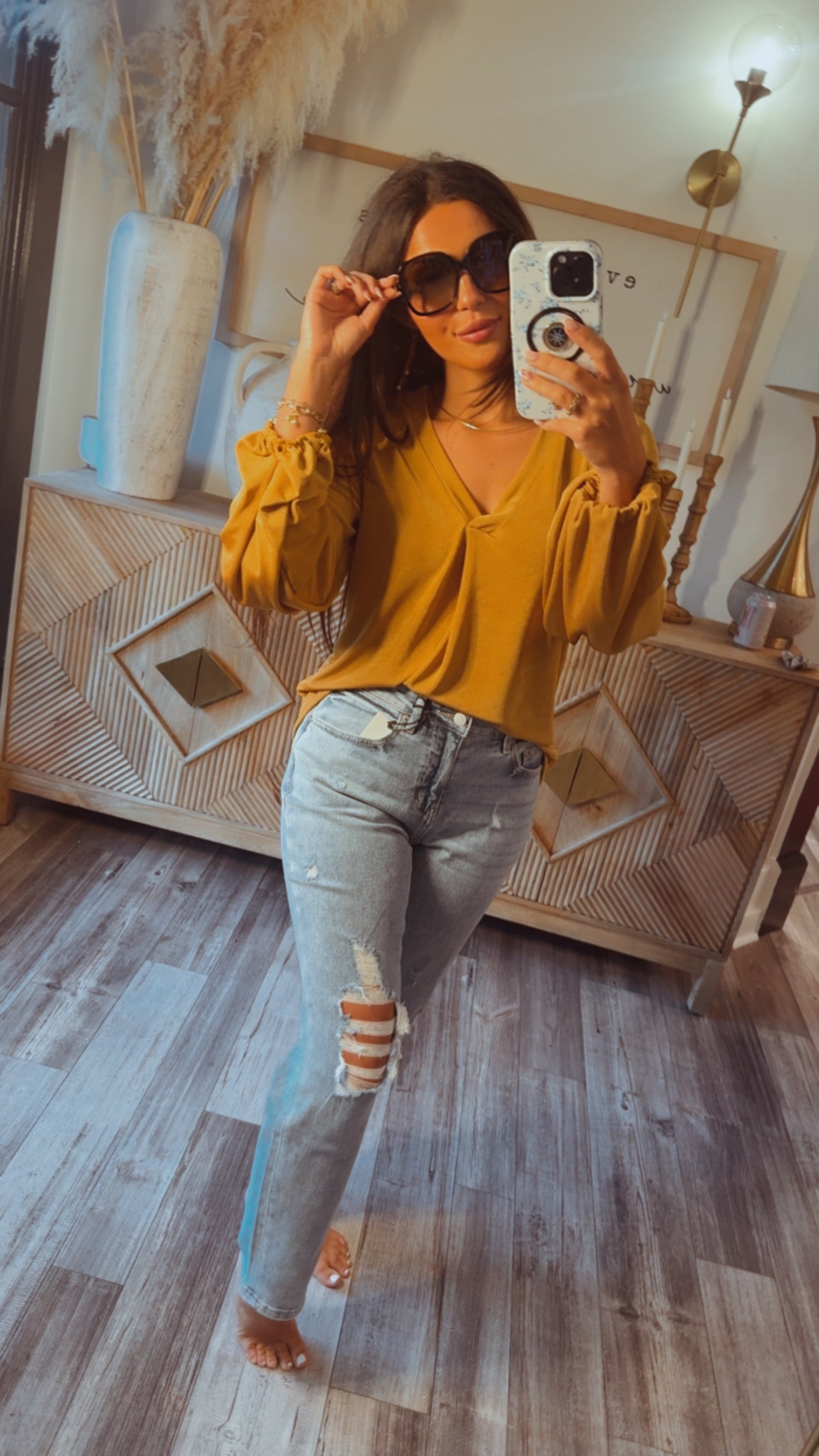 Camel Vneck Long Sleeve Top
