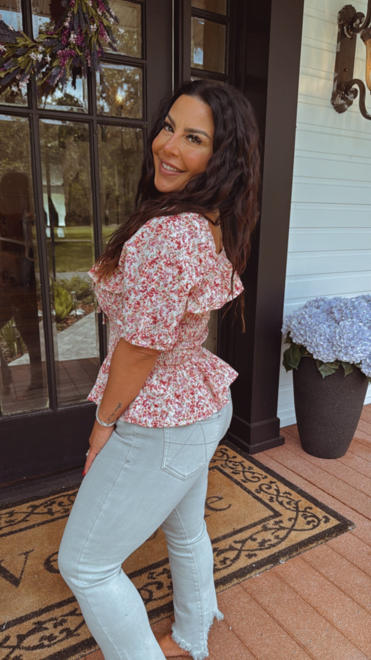 Lightweight Pink and Yellow Floral Smocked Waist  Ruffle Top