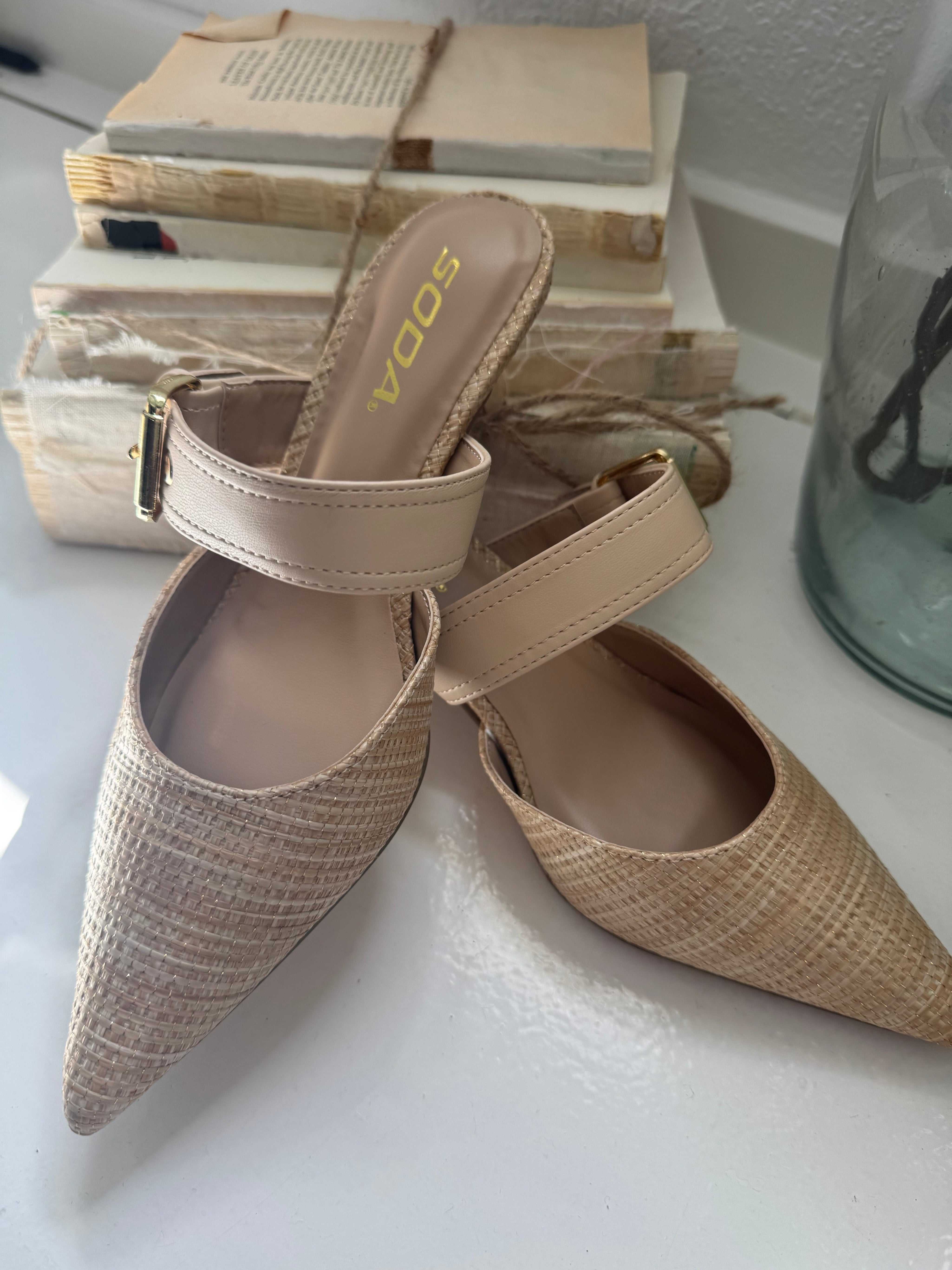 Gold and Natural Point Toe heels