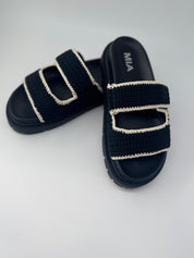 Black And White Trim Crochet Double Strap Sandals