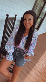 Ultra Soft Lightweight White and Floral Button Up Blouse