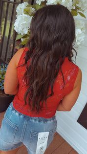 Chic Red Lace Button Up Sleeveless Top