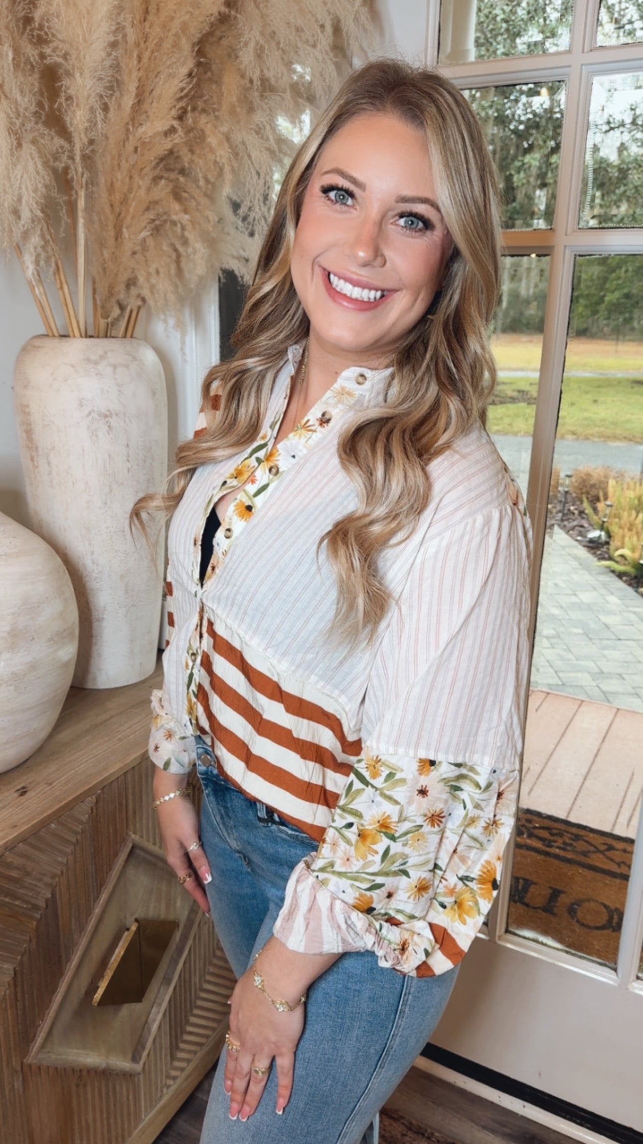 Ivory and Rust Floral Stripe Button Up Top
