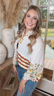 Ivory and Rust Floral Stripe Button Up Top