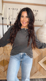 Lounge Fit micro waffle Grey Half Button Top