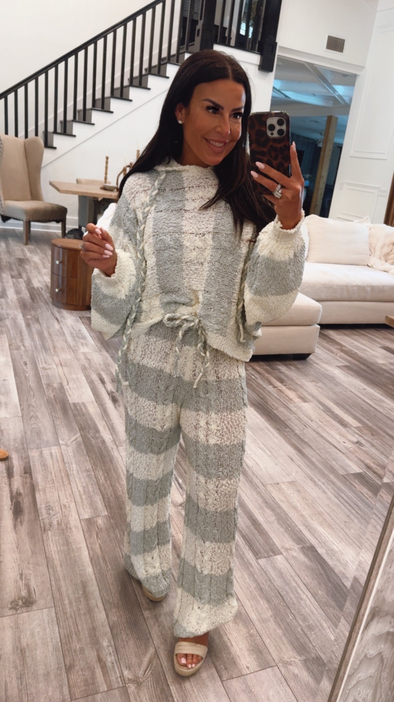 Cream And Sage Stripe Knit POL Joggers
