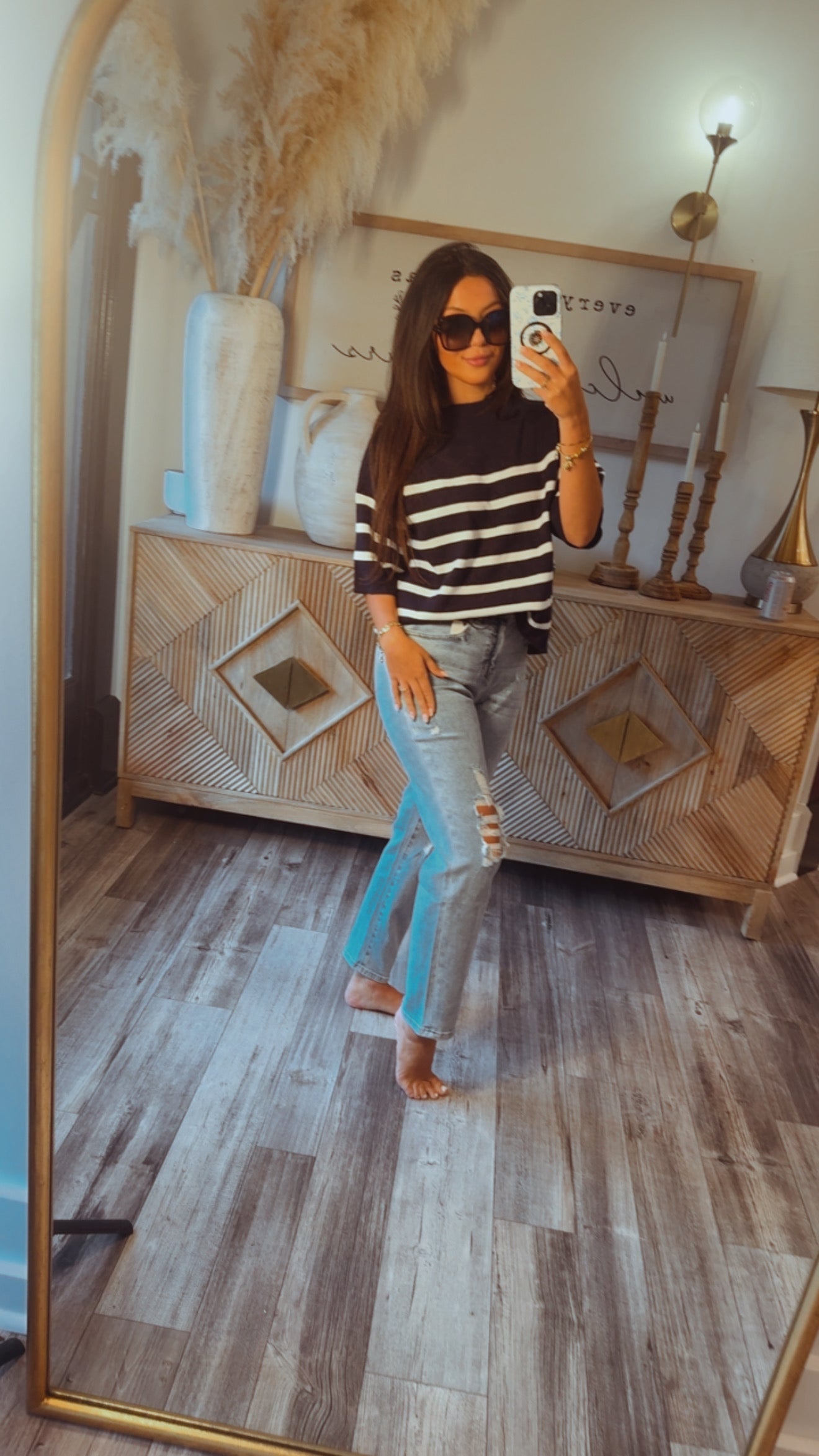 Navy and White Striped Knit Top