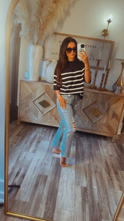 Navy and White Striped Knit Top