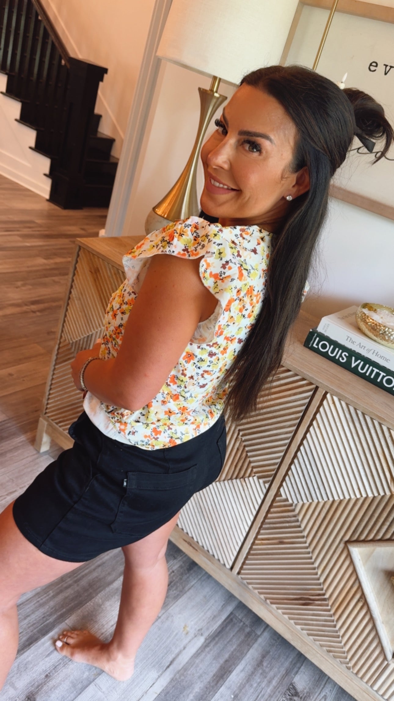 Orange and Yellow Floral Lightweights Ruffle Sleeve Top