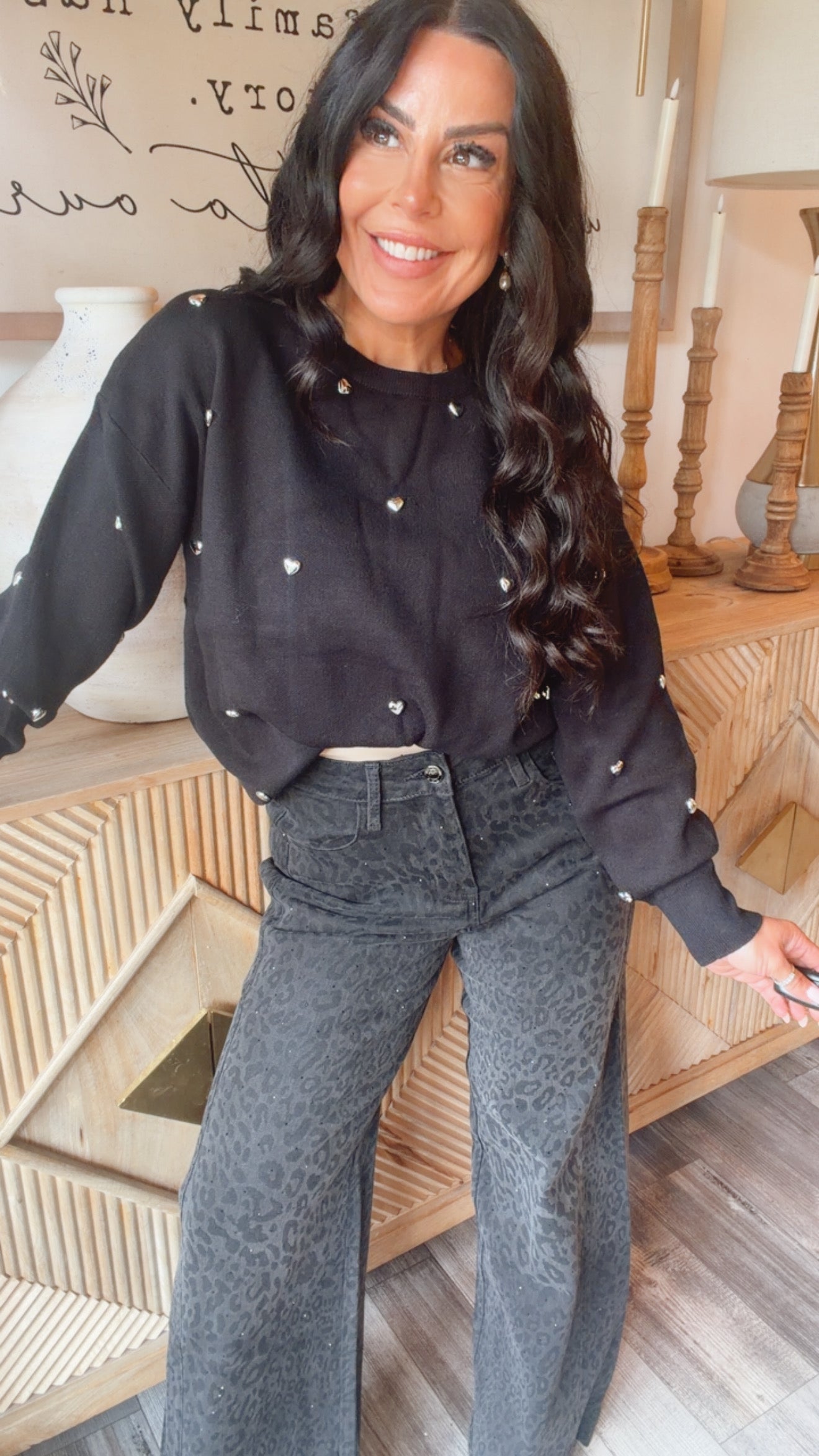 “Heart of Gold” Luxe Ultra Soft Black and Silver Heart Studded Sweater