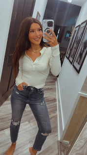 Natural 1/4 Button Ribbed long Sleeve Top