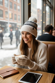 CC White and black Print Beanie With Pom