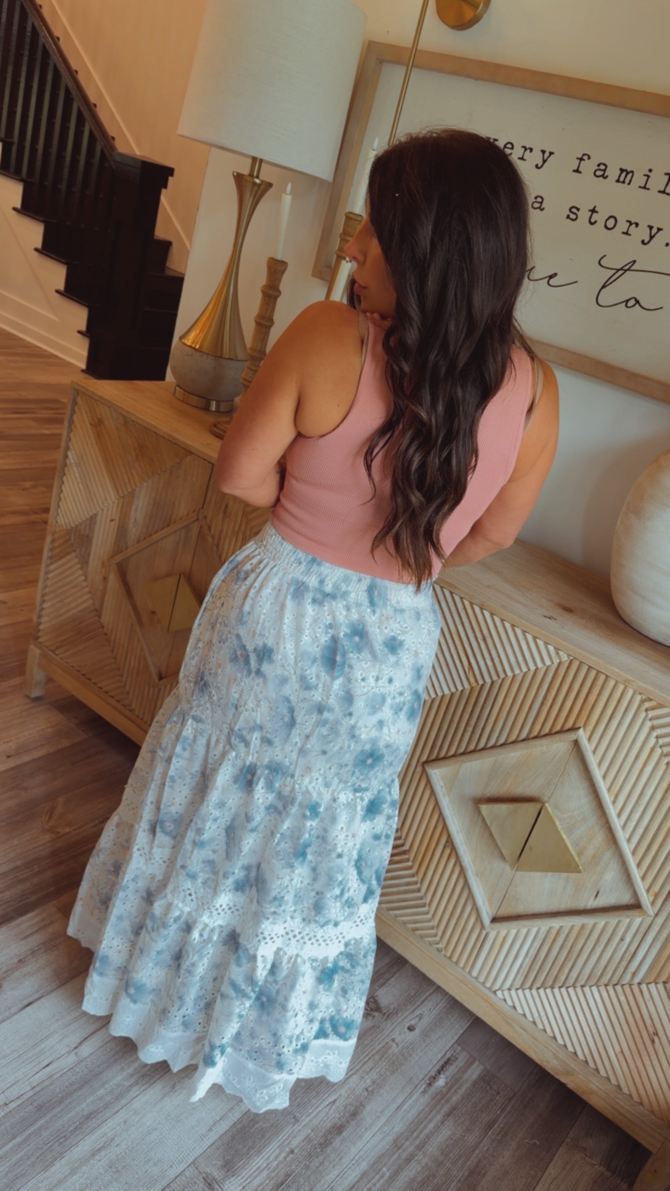 Chic White and Blue Floral Eyelet Lace Skirt