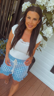Chic Blue and White Ruffle Trim Gingham Shorts