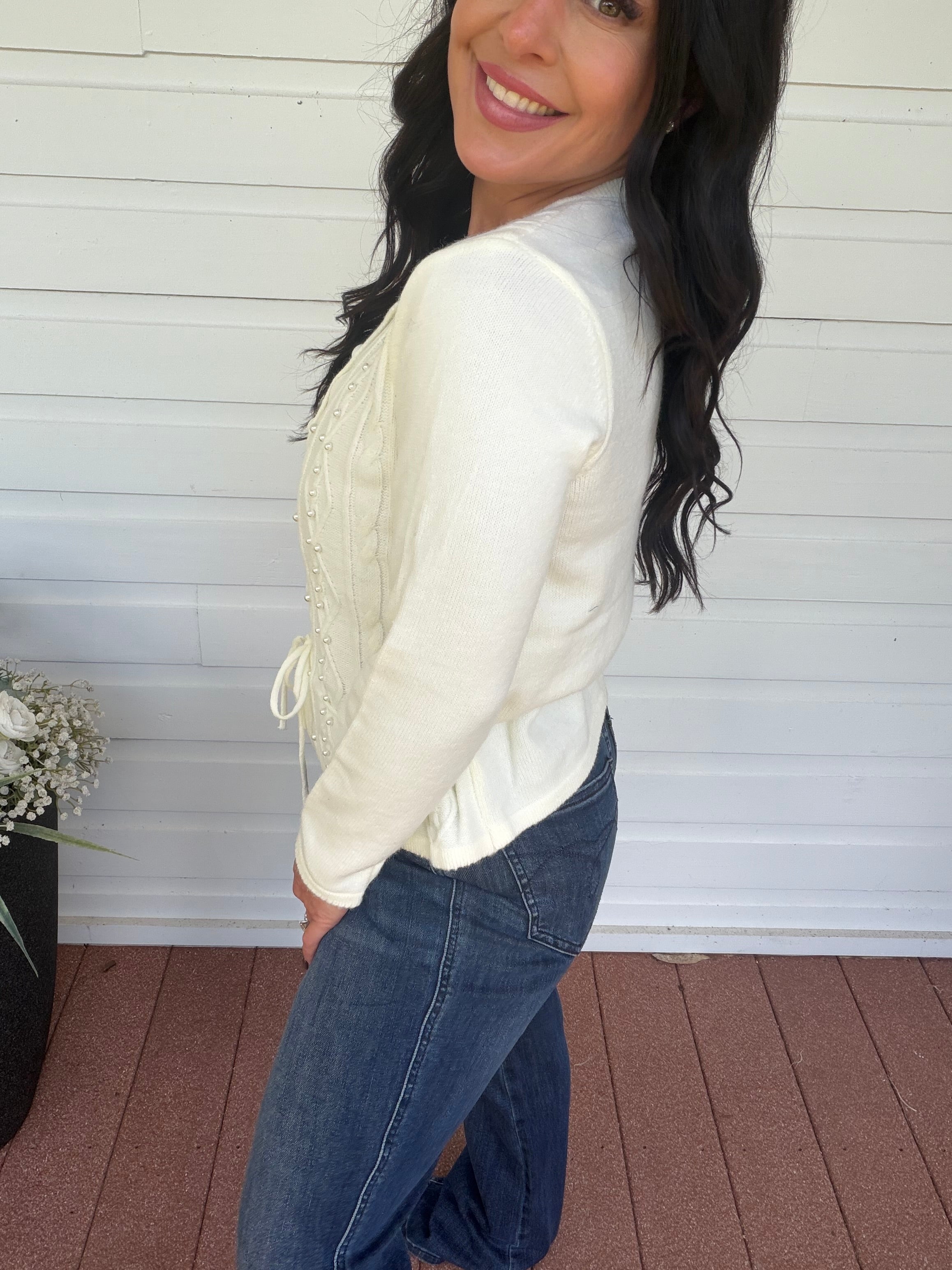 White Pearl Studded Button Up Cardi