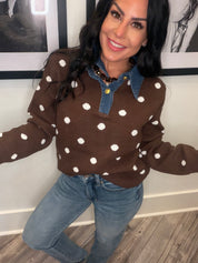 Brown and White Denim Collar Polka Dot Sweater