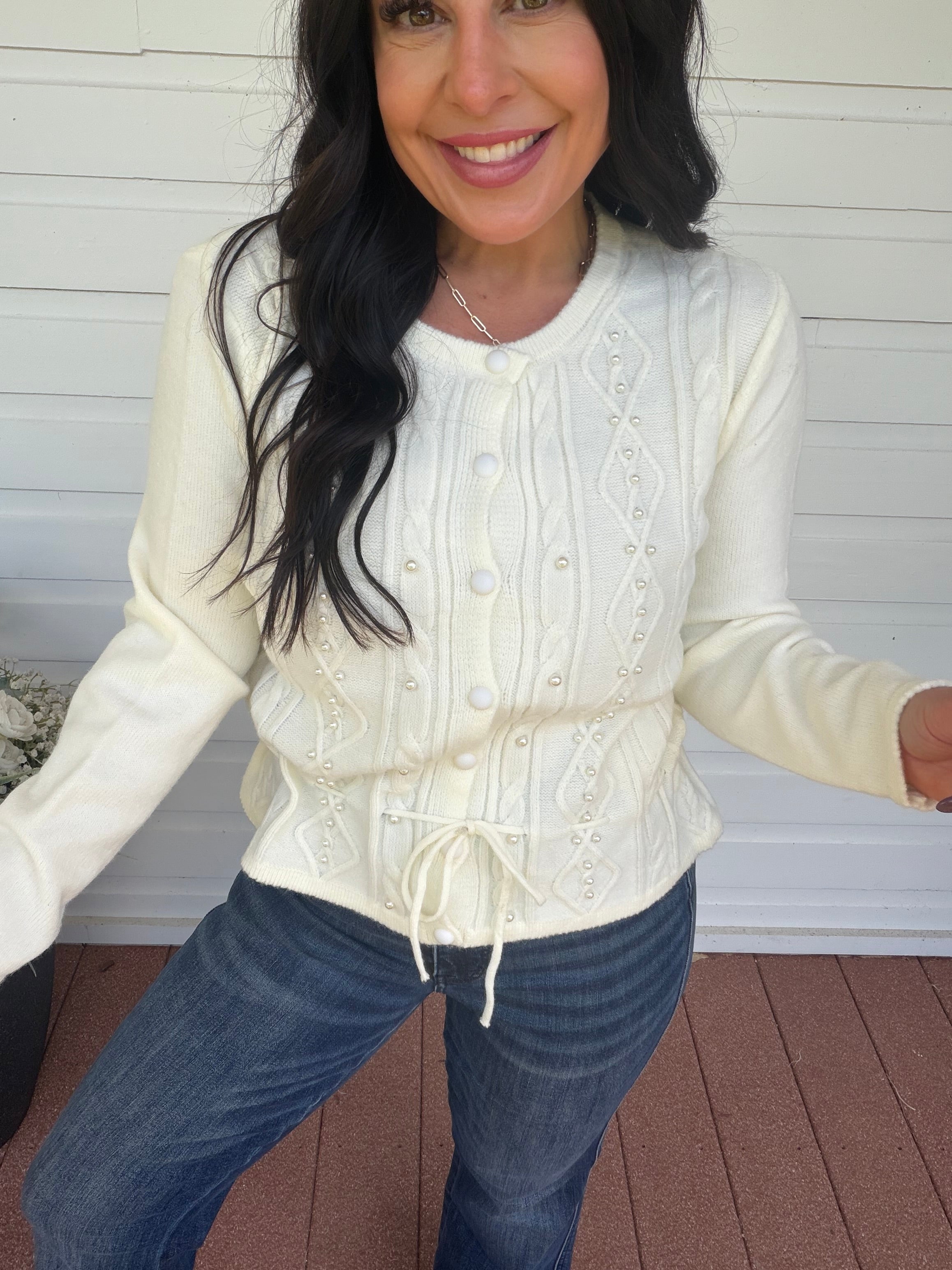White Pearl Studded Button Up Cardi