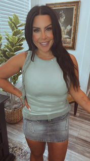 Ultra Soft Seagrass Mesh Ruched Sleeveless Top