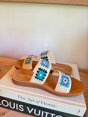 Corky Double Strap Light Tan and Blue Sandals