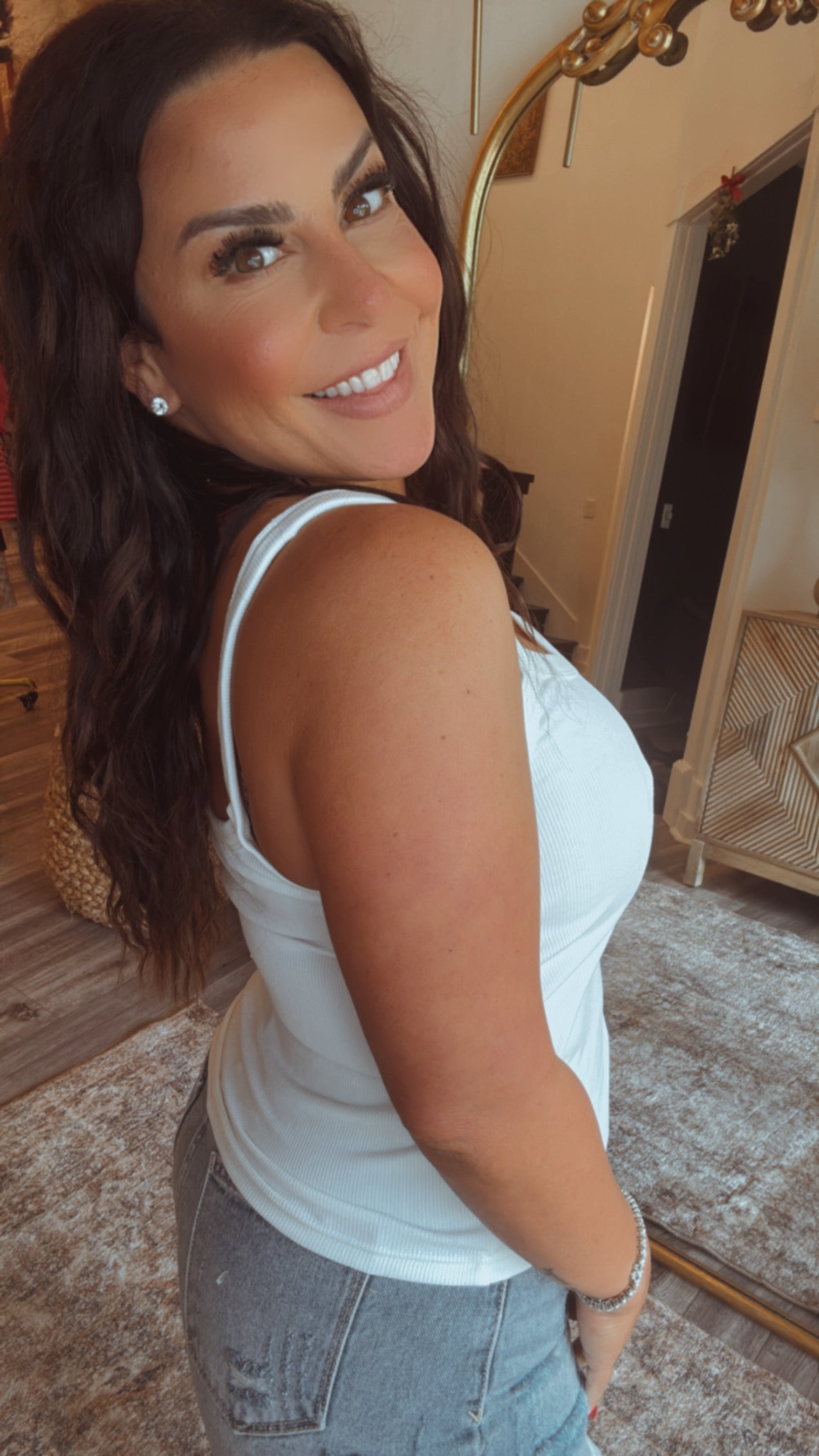 Soft White Ribbed Red Bow Tank