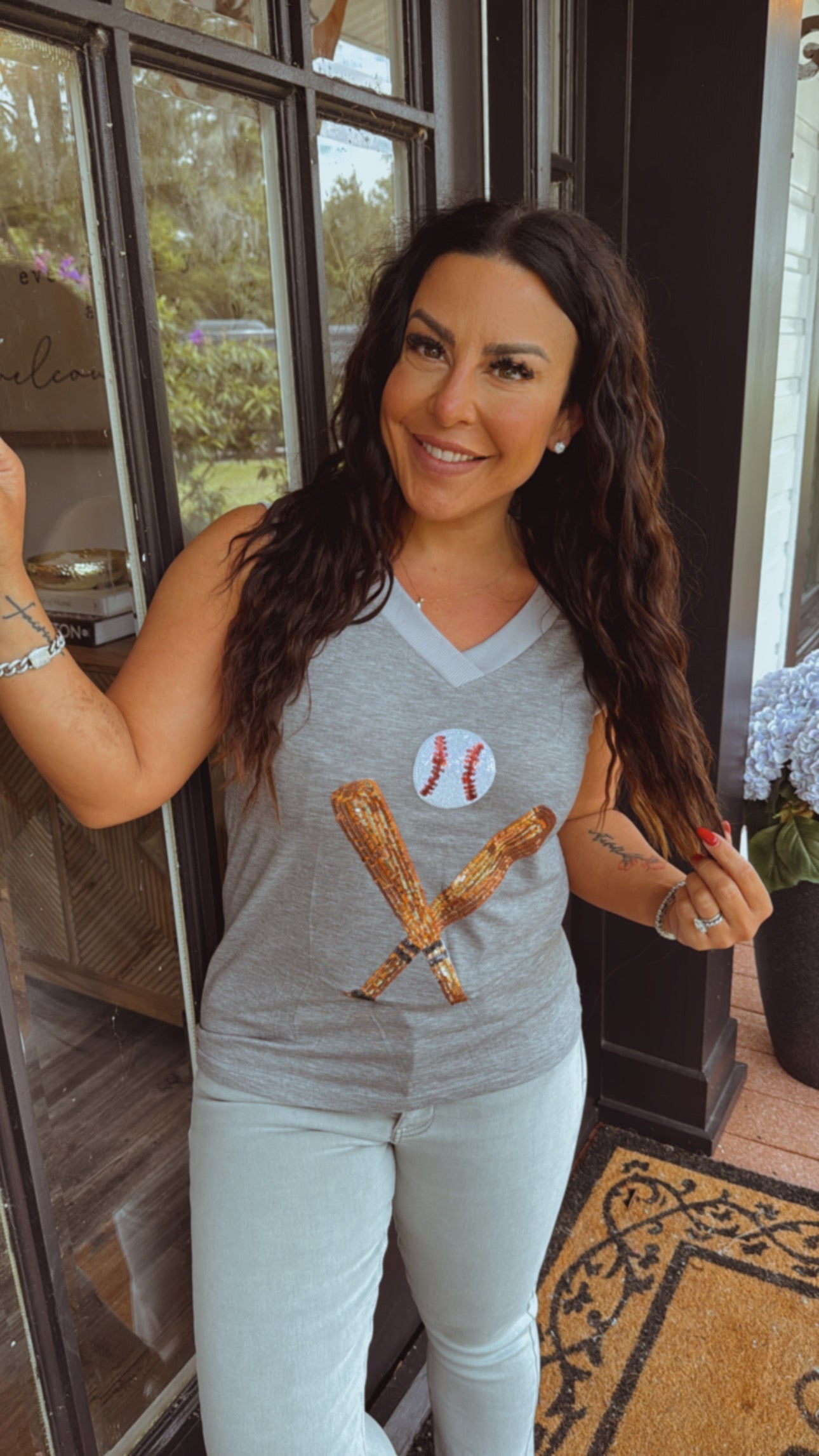 Soft Grey V-neck Tank With Sequin Baseball Graphic