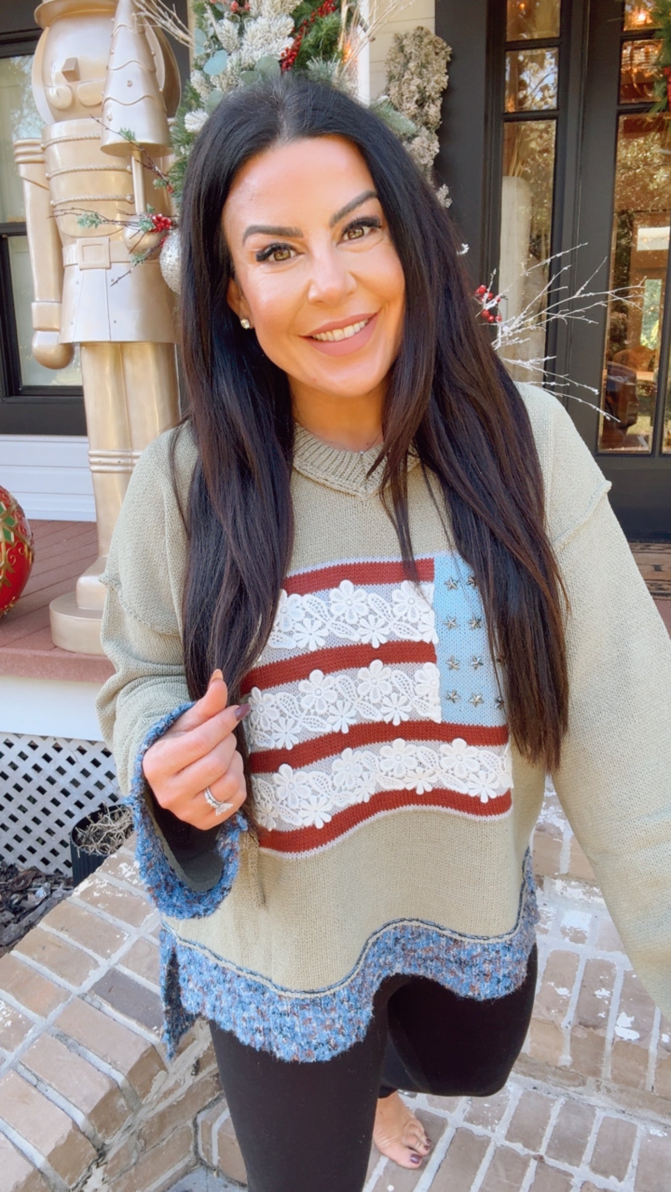 Olive POL Knit Hoodie With American Flag