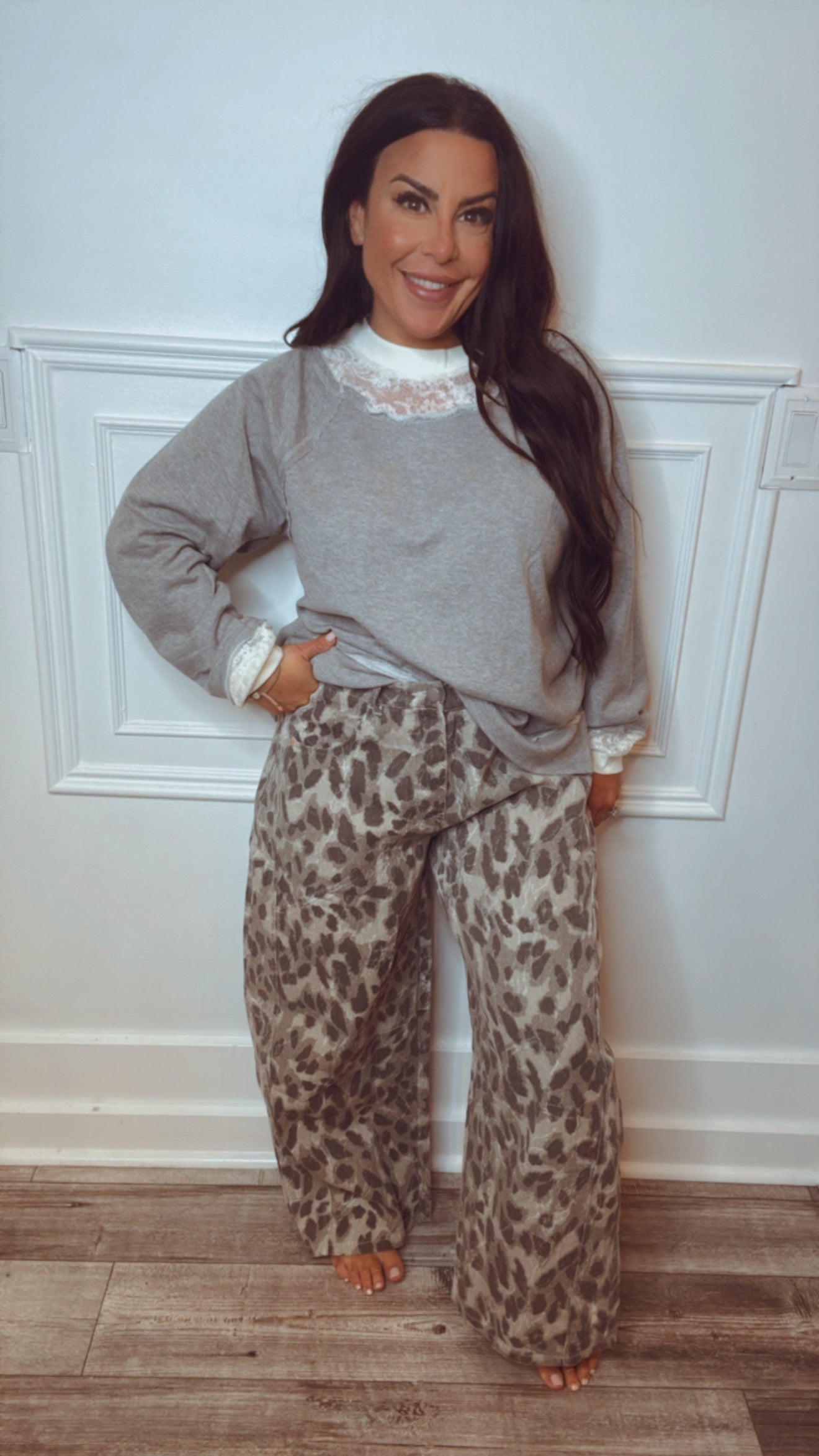 Grey and Black Vintage Leopard Denim Jeans