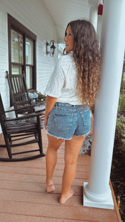 Distressed Hem Acid Wash High Waist Jean Shorts