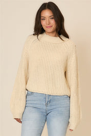 Cozy Co White Mock Neck Cable Knit Sleeve Pullover Sweater