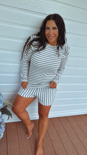 Cream And Blue Stripped Shorts