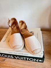 Beige and Cognac Strap Flats