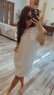Cream and Pink Chic Loose Fit Striped Dress