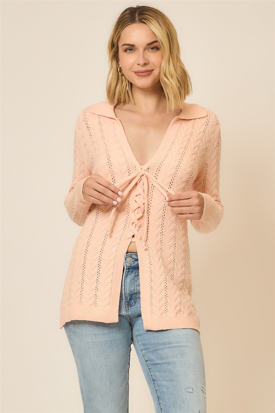 Cozy Co Rose Cable Knit Open Collar Lace Up Sweater
