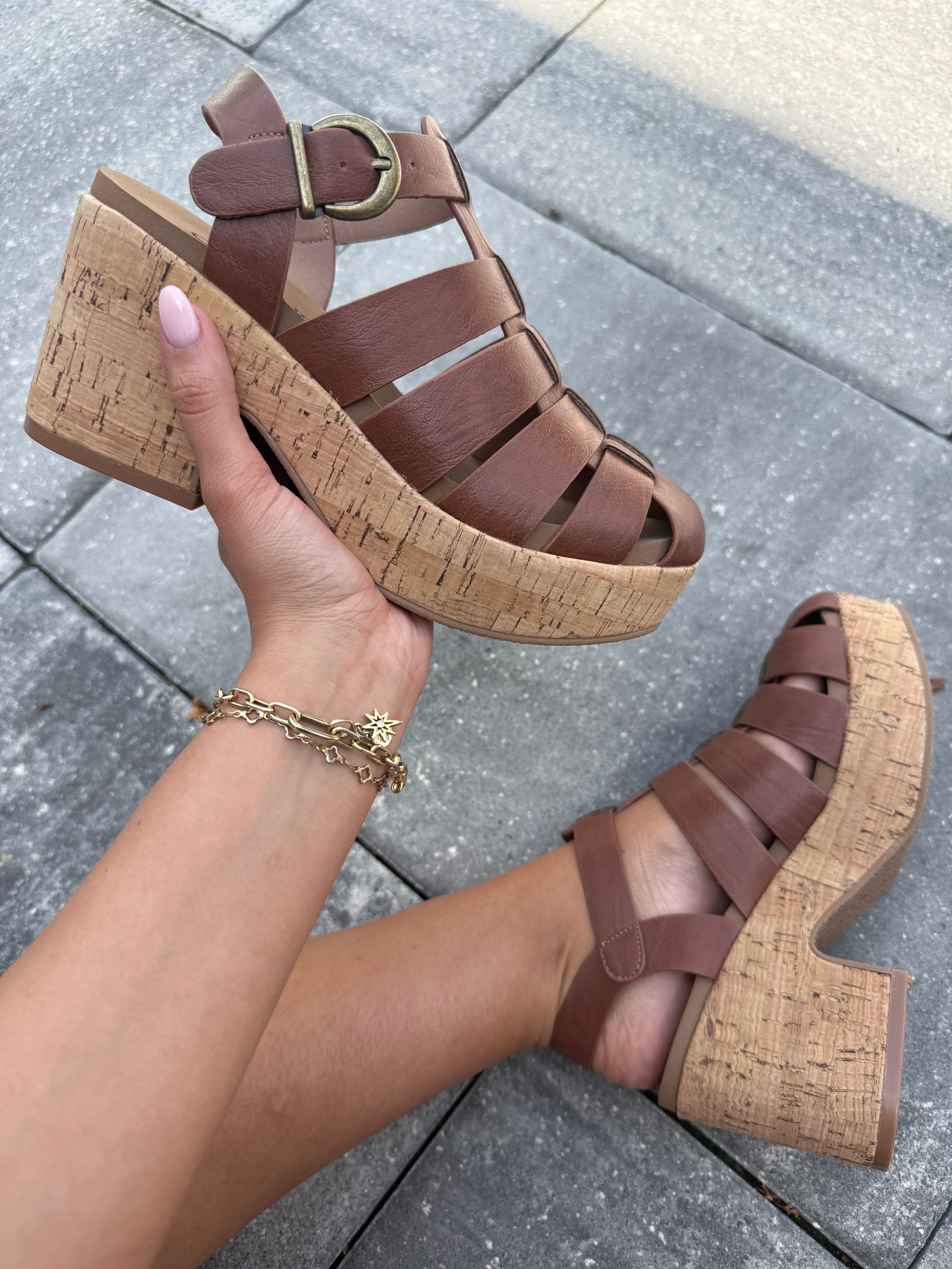 Corky Bourbon Gladiator Wedge Heels