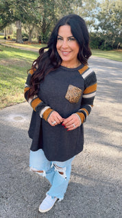 Charcoal And Striped Sleeve Glitter Pocket Top