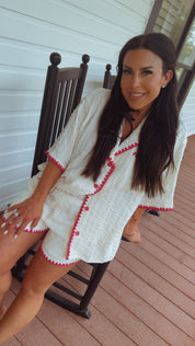 Cream And Pink Textured Button up Shirt and Shorts Set