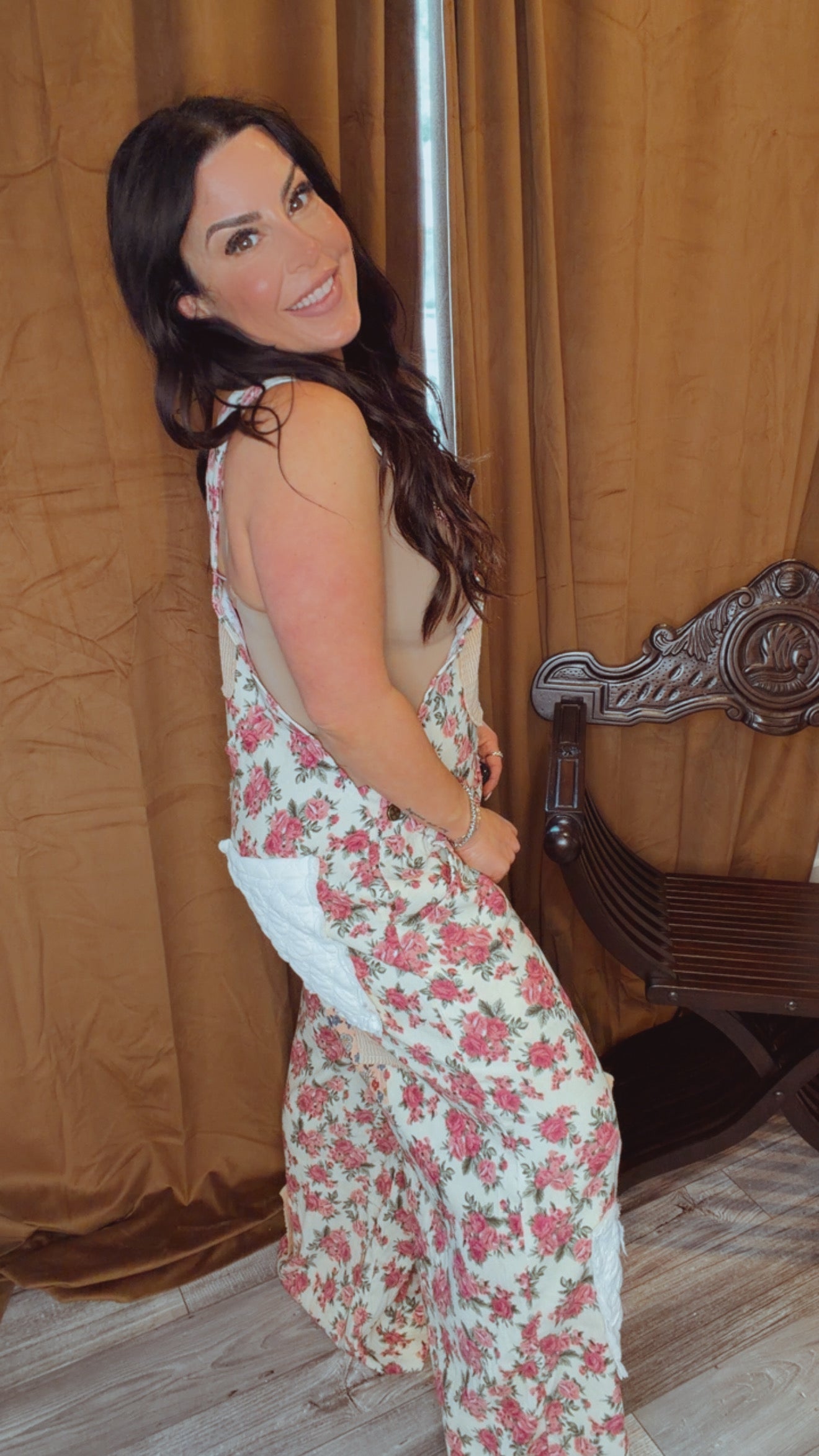 POL Cream Loose Fit Floral Overalls