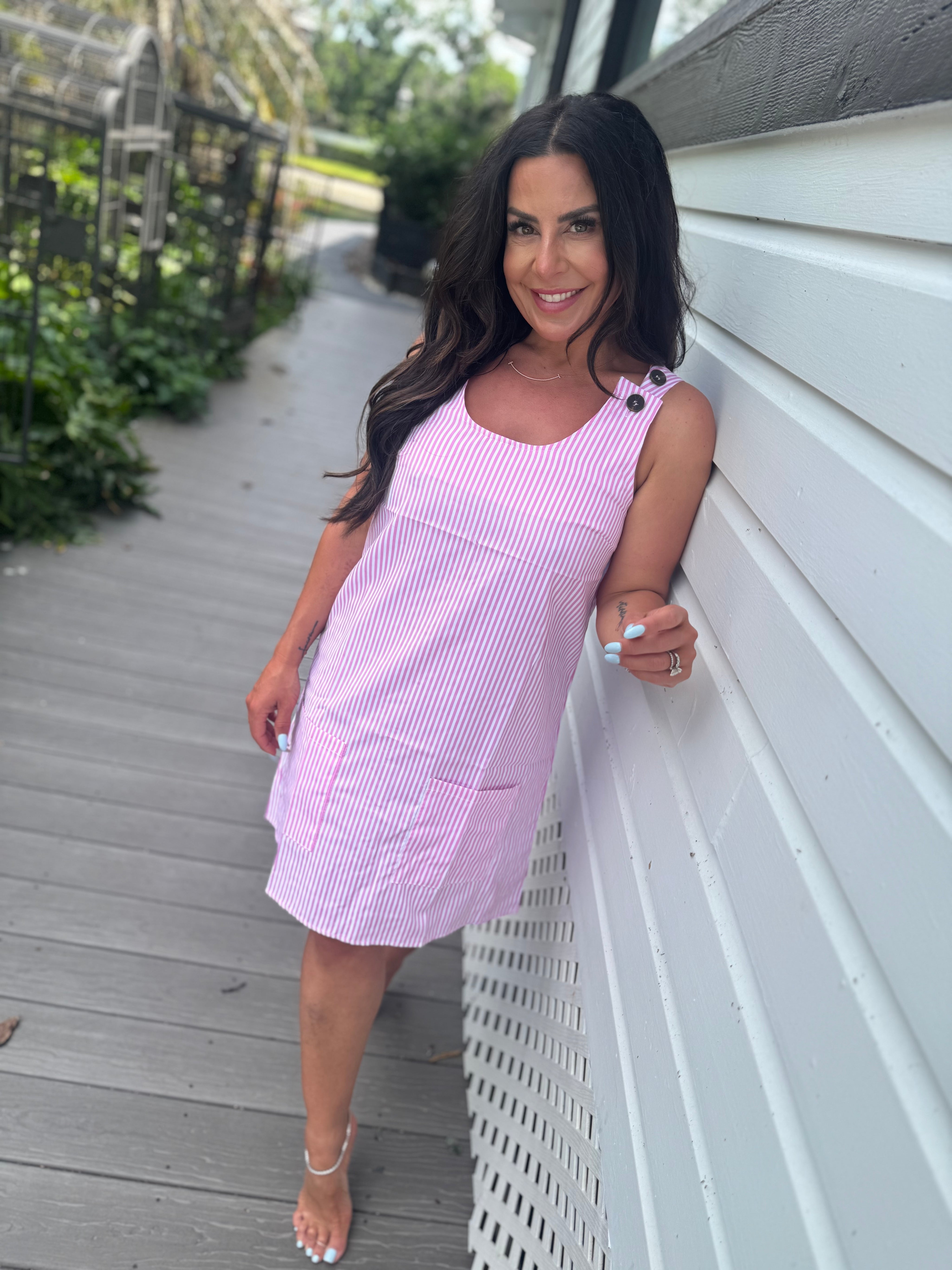 Pink and White Striped Sleeveless Dress