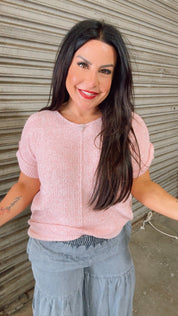 Chic Dusty Pink Knit Short Sleeve Sweater Top