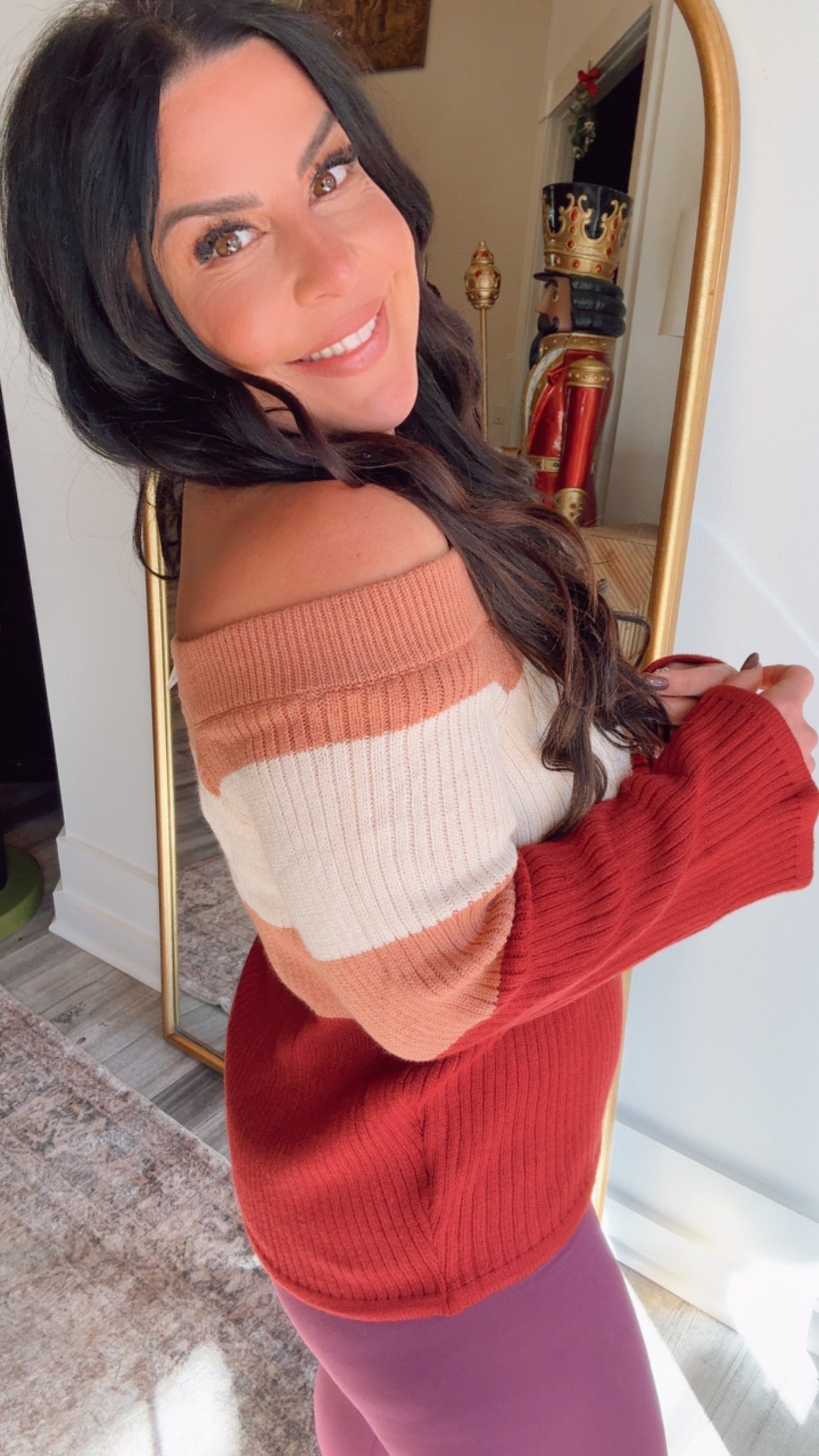 Cozy Co Chic Burgundy Colorblock Off Shoulder Knit Sweater