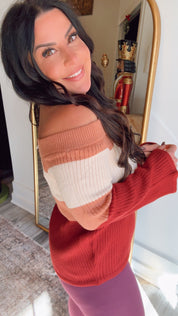 Cozy Co Chic Burgundy Colorblock Off Shoulder Knit Sweater