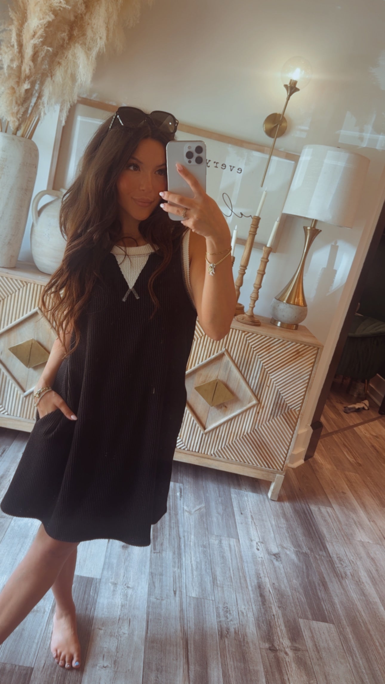 Black and Cream Ribbed Tank Dress
