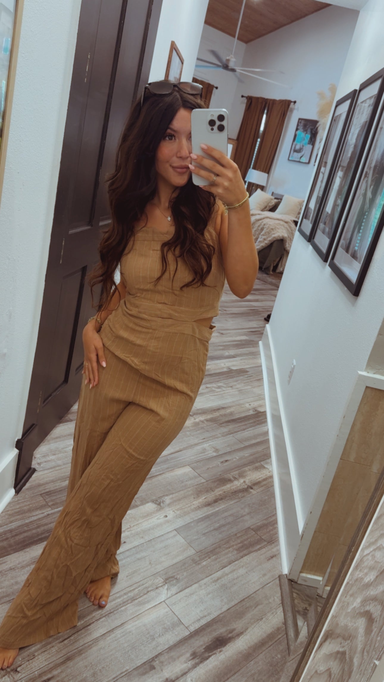 Chic Brown and  White Stripe Cutout Jumpsuit