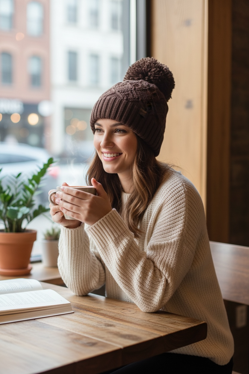 CC Chocolate Crochet Knit Beanie With Pom