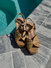 Tan Wicker Ankle Strap Heels